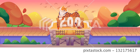 Zoo wall. Cartoon entrance gate for wild animals. Landscape with cage. Trees and grass. Pointer entry arch. Fence jungle park. African safari. Savannah enclosure. Vector childrens wildlife background Zoo wall. Cartoon entrance gate for wild animals. Landscape with cage. Trees and grass. Pointer entry arch. Fence jungle park. African safari. Savannah enclosure. Vector childrens wildlife background 132175617