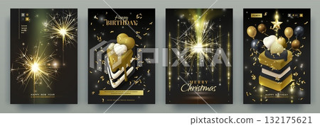 Happy birthday invitation card. Anniversary cake, New Year congratulation. Gold background glowing light. Luxury 3D render design. Celebration gift poster. Element Bengal fire. Vector exact banner Happy birthday invitation card. Anniversary cake, New Year congratulation. Gold background glowing light. Luxury 3D render design. Celebration gift poster. Element Bengal fire. Vector exact banner 132175621