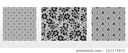 Geometric floral set of seamless patterns. Gray and black vector backgrounds. Damask graphic ornaments Geometric floral set of seamless patterns. Gray and black vector backgrounds. Damask graphic ornaments 132175673