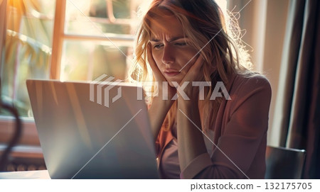 Cyber bullying concept. Opinion and the pressure of society. Shame. Depressed woman looks at laptop. 132175705