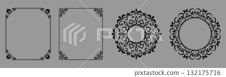 Set of decorative frames Elegant vector element for design in Eastern style, place for text. Floral black and gray borders. Lace illustration for invitations and greeting cards Set of decorative frames Elegant vector element for design in Eastern style, place for text. Floral black and gray borders. Lace illustration for invitations and greeting cards 132175716