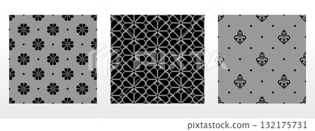 Geometric floral set of seamless patterns. Gray and black vector backgrounds. Damask graphic ornaments 132175731