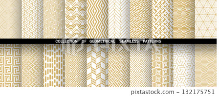 Geometric set of seamless golden and white patterns. Simple vector graphics 132175751
