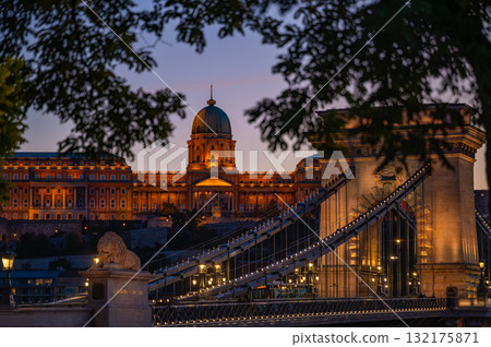Sunset view of Budapest, highlighting the historic Parliament, Danube River, Buda Castle and Chain Bridge. 132175871