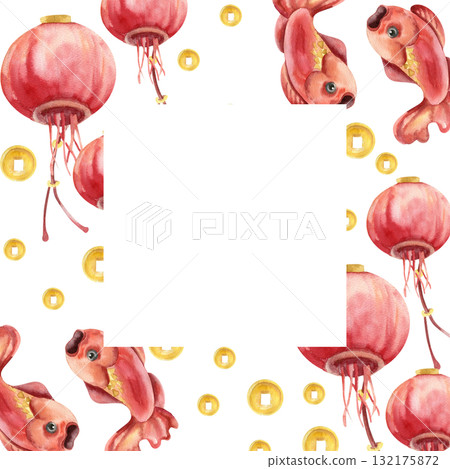 Chinese Spring festival banner with watercolor red carp fish, outdoor paper lanterns and golden coins illustration. Hand drawn frame template for card,invitation design.Asian lunar new year 132175872