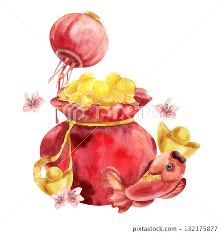 Chinese Spring Festival watercolor clipart with red bag full of golden coins,red carp fish ,ingot, red lantern and sakura flowers illustration. Hand drawn Asian new year painting, symbol of wealth 132175877