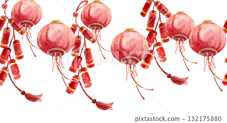 Red paper Chinese lantern and firecrackers garland watercolor banner for lunar festive events design. Hand drawn Asian style outdoor hanging lamps for packing, textile, fabric design 132175880