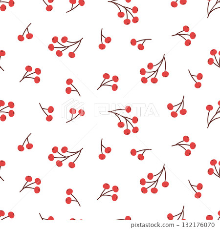 Seamless pattern with cartoon branches with red berries on white background. Viburnum or mountain ash berries pattern for print, fabric, wrapping paper. Seamless pattern with cartoon branches with red berries on white background. Viburnum or mountain ash berries pattern for print, fabric, wrapping paper. 132176070