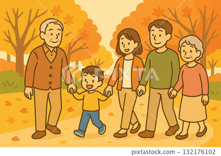 Family (three generations) walking among the autumn leaves 132176102