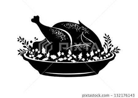 Roasted turkey silhouette on platter with berries and herbs, black graphic style on white background, concept of festive holiday dinner meal 132176143
