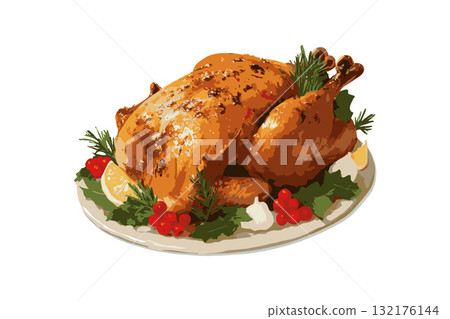 Whole roasted turkey with herbs, berries, and lemon slices in painting style on white background, concept of festive holiday meal 132176144