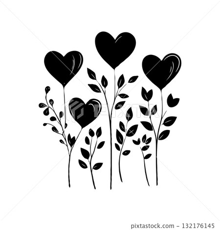 Black silhouette of heart-shaped flowers with leaves, simple graphic style on a white background. Concept of love and nature 132176145