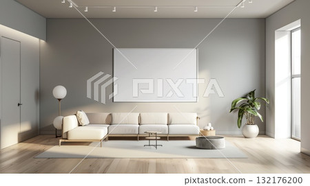 Scandinavian style interior with white sofa. Minimalist interior design. Scandinavian style interior with white sofa. Minimalist interior design. 132176200