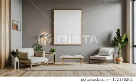 Minimalist interior with a white modern armchairs, table pot with plant and light colored walls. Panoramic view 132176201