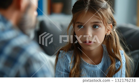 Child girl at session in psychologist's office. Psychologist support him and help cope with problems. Mental health concept Child girl at session in psychologist's office. Psychologist support him and help cope with problems. Mental health concept 132176238