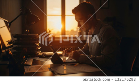 Man at Desk Working in Warm Sunlight Late Day Office Scene 132176298