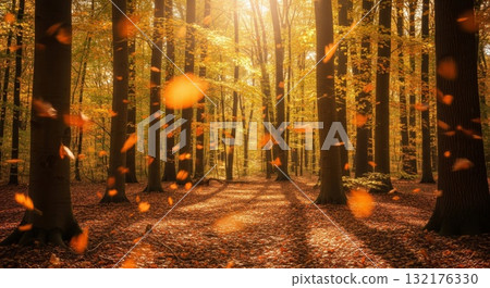 Autumn Forest with Falling Leaves and Sunlight Bursting Through Trees 132176330