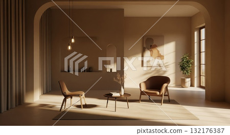 Warm Interior Living Room With Arch and Natural Light 132176387