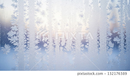 Frosted Glass Window with Intricate Ice Crystal Patterns in Winter 132176389