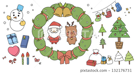 Cute hand-drawn Christmas illustration set 132176731