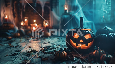 A spooky room with a glowing carved pumpkin, candles, and autumn leaves on the floor. Halloween decor, dimly lit background, eerie atmosphere 132176897