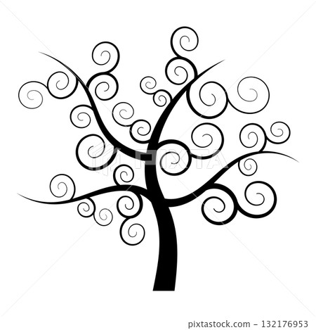 Silhouette of Decorative Swirl Tree Vector Illustration. A decorative tree with spiral branches. Perfect for design projects, tattoos, logos, invitations and decorative prints. 132176953