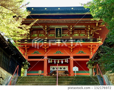 透過石階仰望六所神社的樓門（愛知縣岡崎市） 132176972