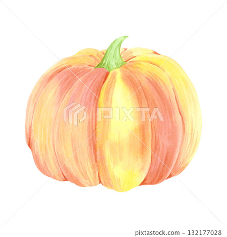 Hand drawn watercolor orange and yellow pumpkin. Autumn food illustration isolated on white background. Can be used for postcard, label and other printed products. Hand drawn watercolor orange and yellow pumpkin. Autumn food illustration isolated on white background. Can be used for postcard, label and other printed products. 132177028