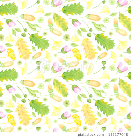 Hand drawn watercolor autumn leaves acorn and seeds seamless pattern. Illustration of oak gingko tree leaves isolated on white background. Can be used for textile fabric and other printed products. Hand drawn watercolor autumn leaves acorn and seeds seamless pattern. Illustration of oak gingko tree leaves isolated on white background. Can be used for textile fabric and other printed products. 132177048