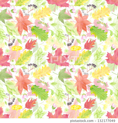 Hand drawn watercolor autumn leaves berries and seeds seamless pattern. Illustration isolated on white background. Can be used for textile fabric and other printed products. 132177049