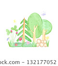 Hand drawn watercolor trees berries and butterflies composition. Illustration of cute forest isolated on white background. Can be used for postcard, label, scrapbook and other printed products. 132177052