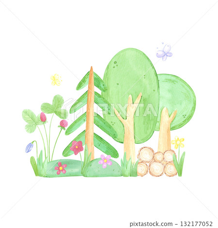 Hand drawn watercolor trees berries and butterflies composition. Illustration of cute forest isolated on white background. Can be used for postcard, label, scrapbook and other printed products. 132177052