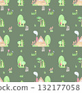 Hand drawn watercolor little house in the forest seamless pattern. Illustration of fairy forest isolated on green background. Can be used for textile, scrapbook and other printed products. 132177058