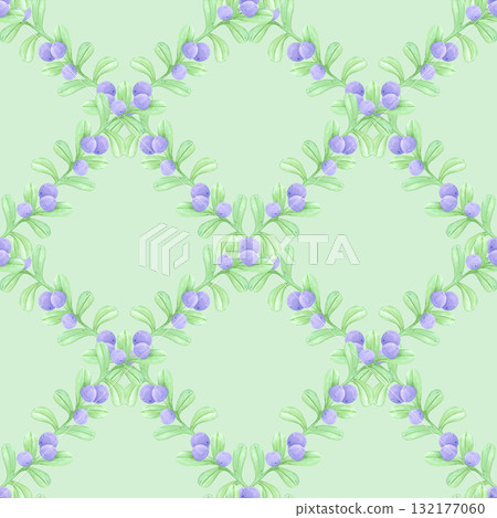Hand drawn watercolor blueberry branch seamless pattern. Illustration isolated on mint background. Can be used for textile, fabric, scrapbook and other printed products. Hand drawn watercolor blueberry branch seamless pattern. Illustration isolated on mint background. Can be used for textile, fabric, scrapbook and other printed products. 132177060