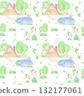 Hand drawn watercolor hut and small trees with a pond seamless pattern. Illustration of forest isolated on white background. Can be used for textile, fabric, scrapbook and other printed products. 132177061