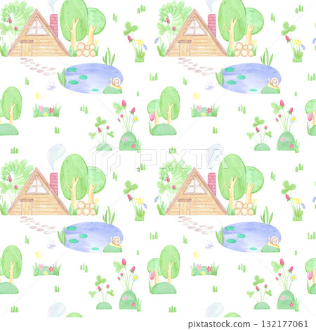 Hand drawn watercolor hut and small trees with a pond seamless pattern. Illustration of forest isolated on white background. Can be used for textile, fabric, scrapbook and other printed products. Hand drawn watercolor hut and small trees with a pond seamless pattern. Illustration of forest isolated on white background. Can be used for textile, fabric, scrapbook and other printed products. 132177061
