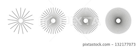 Radial circle radiation lines. Sun star rays set. Ray burst, beams collection. Set of sunburst element, radial stripes. Outline abstract graphic. Circular radial lines. Spokes with radiating stripes Radial circle radiation lines. Sun star rays set. Ray burst, beams collection. Set of sunburst element, radial stripes. Outline abstract graphic. Circular radial lines. Spokes with radiating stripes 132177073