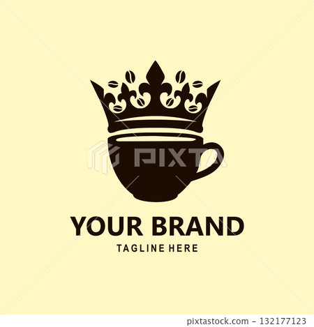 A simple illustration logo featuring a crown on a black coffee cup. A simple illustration logo featuring a crown on a black coffee cup. 132177123