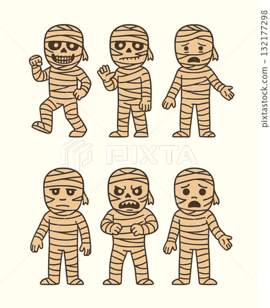 Set of cute cartoon mummy characters with different expressions and poses. Halloween illustration in flat vector style. Set of cute cartoon mummy characters with different expressions and poses. Halloween illustration in flat vector style. 132177298