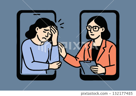 Illustration of a woman receiving emotional support via online therapy from a female therapist, flat style on blue background, mental health care, Online therapy session 132177485