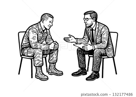 A soldier and a therapist talking seriously in a sketch style on white background, concept of mental health support and military counseling 132177486