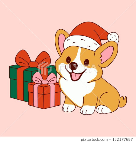 Cute Christmas Corgi with Santa Hat and Gifts Cute Christmas Corgi with Santa Hat and Gifts 132177697