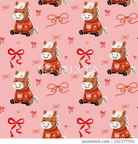Seamless Christmas Horse Pattern with Red Sweaters Seamless Christmas Horse Pattern with Red Sweaters 132177701