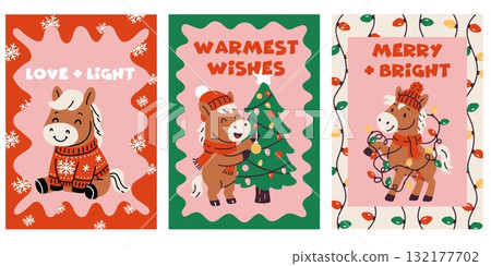 Festive Holiday Card Set Featuring Adorable Horses 132177702