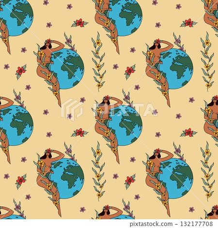Seamless Pattern with Woman, Earth, and Floral Elements Seamless Pattern with Woman, Earth, and Floral Elements 132177708