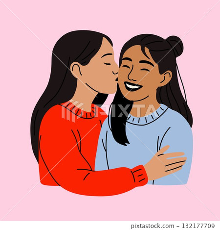 Romantic Lesbian Couple Smiling Together Romantic Lesbian Couple Smiling Together 132177709