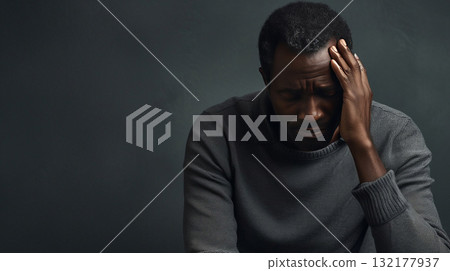 Depressed black skin man with head bowed. Depression, loneliness and mental health concept. 132177937