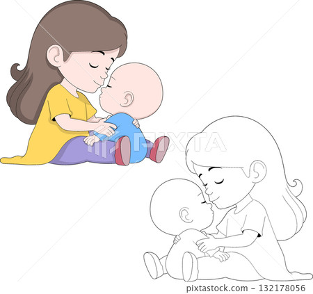 Mother Kissing Baby Cute Mothers Day Illustration Mother Kissing Baby Cute Mothers Day Illustration 132178056