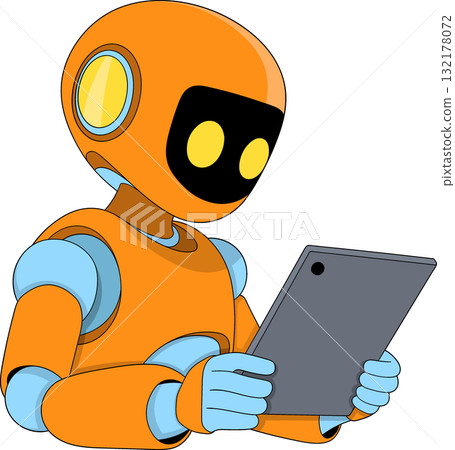 AI robot using tablet phone to access internet illustration 132178072