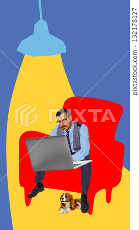 Creative poster. Focused man with laptop sitting on red chair under blue lamp and yellow light with dog 132178127